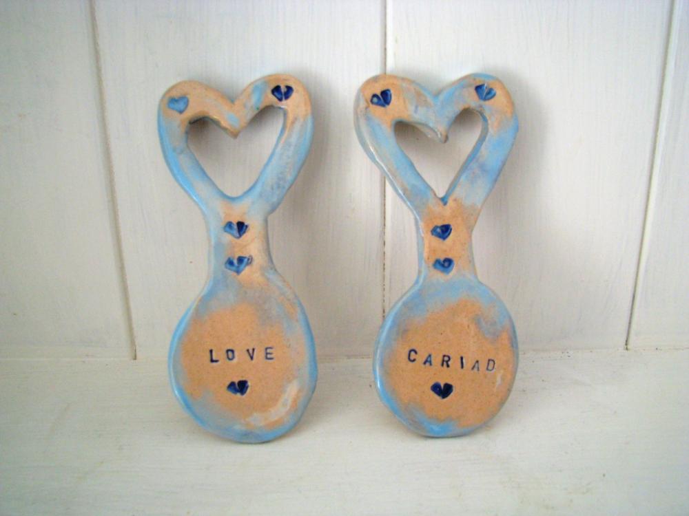 Something blue Cariad or Love Ceramic Lovespoon. Made in Wales, UK. Unusual wedding favor gift.