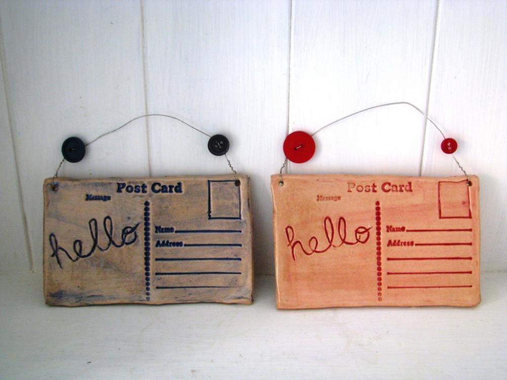 Hello - Ceramic postcard with vintage buttons. Made in Wales, UK. Red ready to Ship.