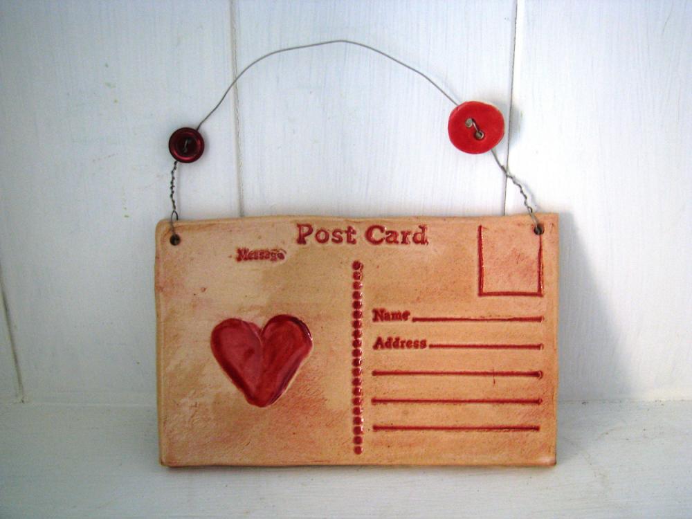 Ceramic Heart Postcard. Lightly glazed in red. Made in Wales, UK, Handmade. Ready to ship.