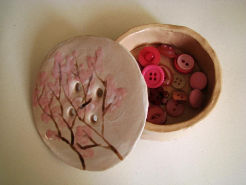 Spring Cherry Blossom Ceramic Button Pot. Handmade in Wales, UK