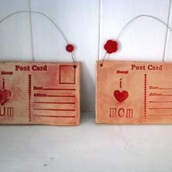 Ceramic Postcard - I Love Mom (or Mum) - Lightly glazed in red. Handmade in Wales, UK. Ready to Ship.