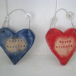 Ceramic "Super Teacher" Heart. Ideal 'end of term' gift. Handmade in Wales UK. Ready to ship.