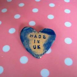 Made in UK or Wales - heart brooch / pin / button / badge. Ceramic. State your origin...