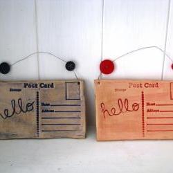 Hello - Ceramic postcard with vintage buttons. Made in Wales, UK. Red ready to Ship.