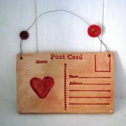 Ceramic Heart Postcard. Lightly glazed in red. Made in Wales, UK, Handmade. Ready to ship.