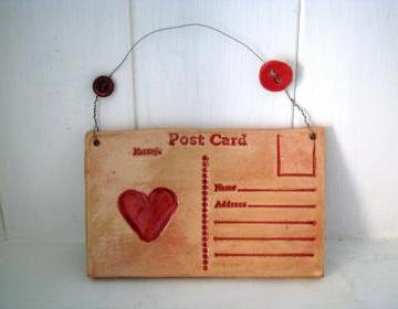 Ceramic Heart Postcard. Lightly glazed in red. Made in Wales, UK, Handmade. Ready to ship.